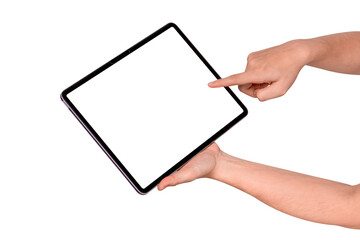 Hand using modern tablet mockup with blank screen isolated on transparent background. Tablet PC with empty display for copy space.
