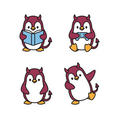 Cute cartoon penguins with devil horns in various poses on white background