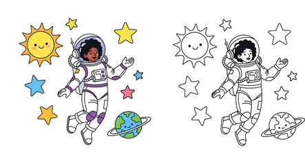 Cute African American astronaut girl floating in space with smiling sun and planet coloring page vector illustration © SHOHAG