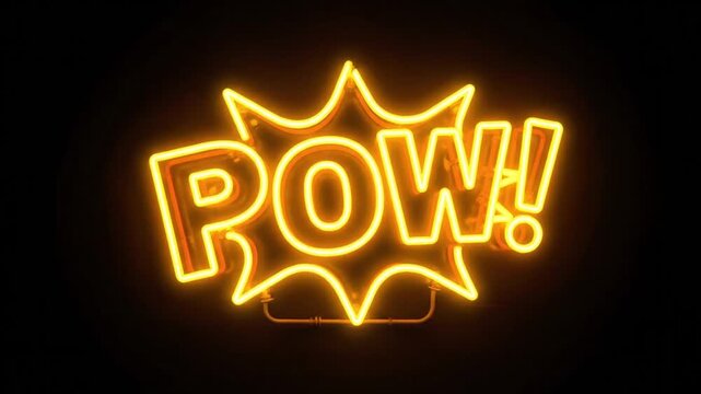 Vibrant neon POW sign glowing brightly in dark background