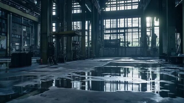 Abandoned industrial warehouse interior featuring an empty concrete floor with puddles reflecting the large windows, creating a desolate and decaying atmosphere of urban exploration