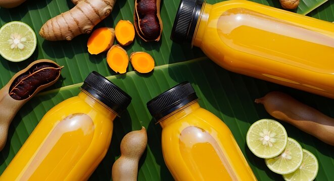 Bottles of kunyit asam Indonesian herbal drink arranged on banana leaf with ingredients in a flat lay