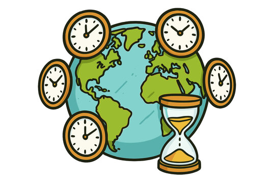 A cartoon illustration of planet Earth surrounded by five analog clocks and an hourglass, representing global time zones and the passage of time across the world.