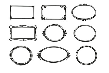A collection of nine hand-drawn decorative frames in various rectangular and oval shapes. These vintage-style borders feature ornate details and a sketchy, hand-drawn aesthetic on a dark background.
