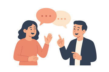 A flat illustration of a man and a woman engaged in a conversation with speech bubbles above them. They are gesturing with their hands while talking against a black background. © Mark