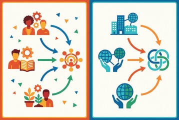 Fototapeta premium Dynamic collaboration concepts illustrated through diverse figures and interconnected graphs emphasizing educational synergy and sustainability strategies for global impact