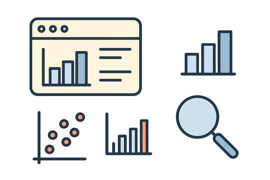 A collection of flat icons representing data analysis, including bar charts, a scatter plot, a magnifying glass, and a web browser dashboard on a black background.