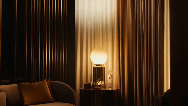 Comfortable living room featuring a contemporary sofa with pillows, a round coffee table, and a stylish lamp emitting a soft, ambient glow creating an inviting home atmosphere