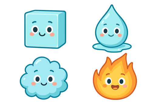 Four cute cartoon characters representing states of matter: a light blue ice cube, a water droplet, a fluffy cloud, and a bright orange fire flame, all with smiling faces on a black background.
