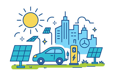 Fototapeta premium This flat vector illustration depicts a green city environment featuring solar panels, an electric vehicle at a charging point, and urban buildings under a bright yellow sun.
