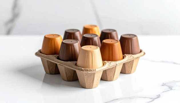 FlyPro Firefly Compostable coffee pods artfully arranged in a recycled cardboard holder, showcasing sustainable innovation on a clean, white countertop.