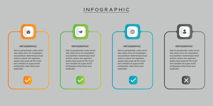 4 vertical columns infographic template with checkmark icons and header icons