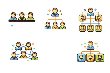 Fototapeta premium A collection of five colorful icons on a black background showing various organizational structures, team hierarchies, and network connections between stylized human figures.