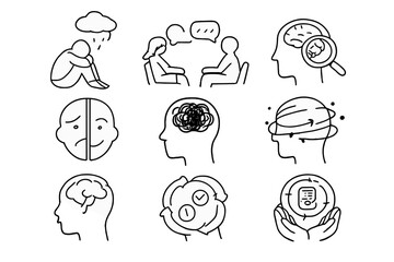 This set of nine minimalist white line icons on a black background illustrates various mental health topics, including therapy, depression, brain function, and emotional well-being.