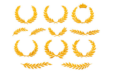 A collection of golden laurel wreaths and branches arranged on a black background. These metallic elements feature detailed leaves and various circular and linear designs for awards.