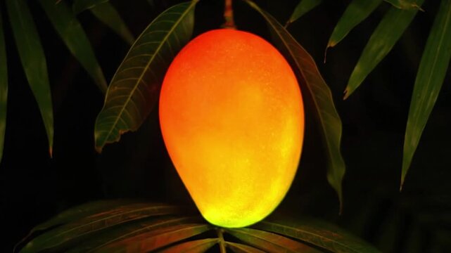 Vibrant orange mango hanging from lush green tree at night