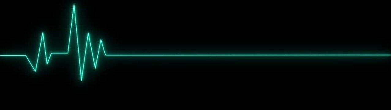 A turquoise EKG heartbeat line flatlines on a black background, representing medical crisis or end of life, with a clean, modern aesthetic.