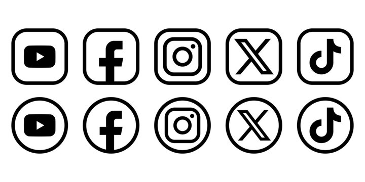 Social Media Icons Set including Instagram, TikTok, YouTube, Facebook, X, and other, Minimal Flat Vector Style