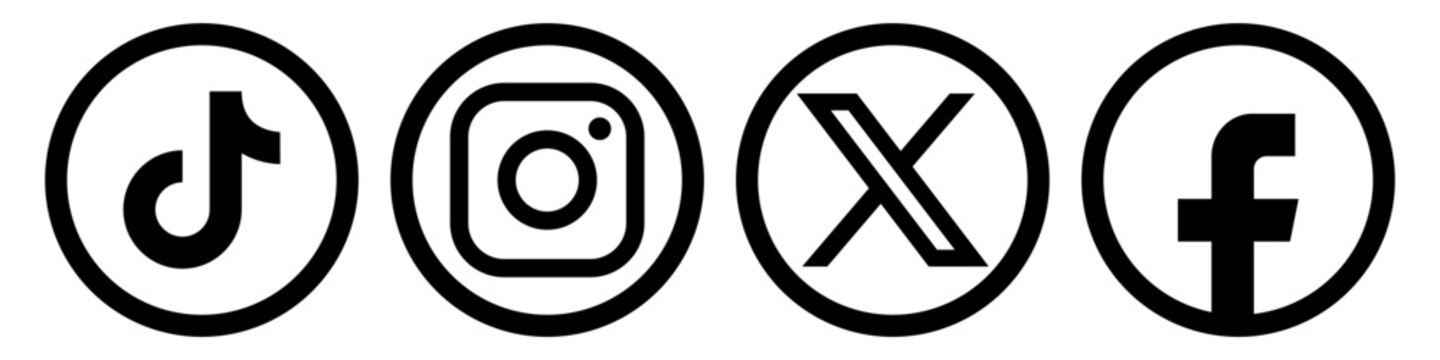 Social Media Icons Set including Instagram, TikTok, YouTube, Facebook, X, and other, Minimal Flat Vector Style