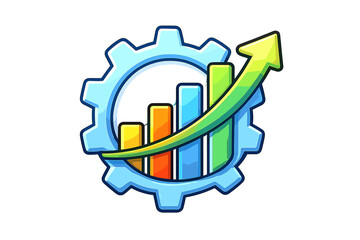 Fototapeta premium A stylized illustration of a light blue gear containing a colorful bar chart and a green arrow pointing upwards, representing business growth and optimization on a black background.