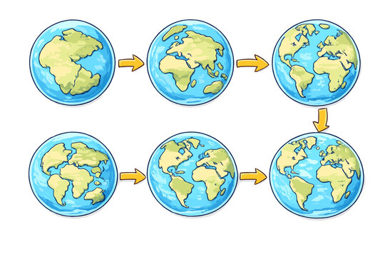 A series of six globes illustrating the process of continental drift and plate tectonics, showing the movement of landmasses from a supercontinent to the modern world map.