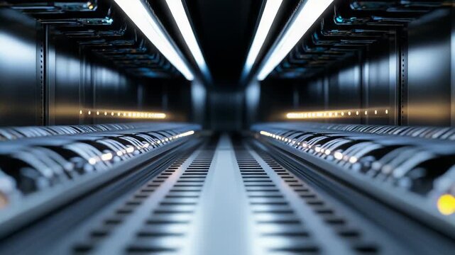Server room with multiple racks lining a corridor, housing advanced technology and infrastructure dedicated to secure data storage and digital communication