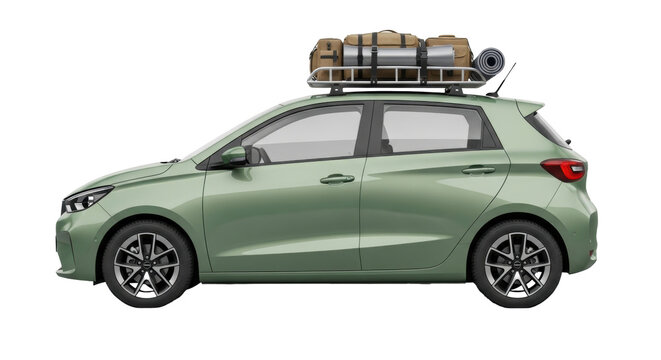 Isolated green car with luggage rack, preparing for a road trip on summer vacation day