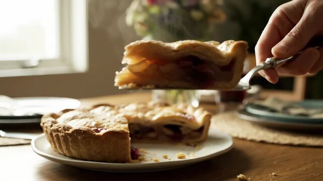 A person serves a slice of apple pie from a whole pie on a wooden table in a cozy dining room with natural light