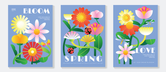 Spring daisy and poppy flowers vector poster illustration with blue pink yellow colors. Modern decorative design for greeting cards, wall art, covers, and seasonal templates. © TWINS DESIGN STUDIO