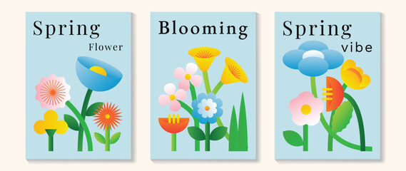 Spring daisy and tulip flowers vector poster illustration with skyblue pink green colors. Modern decorative design for greeting cards, wall art, covers, and seasonal templates. © TWINS DESIGN STUDIO