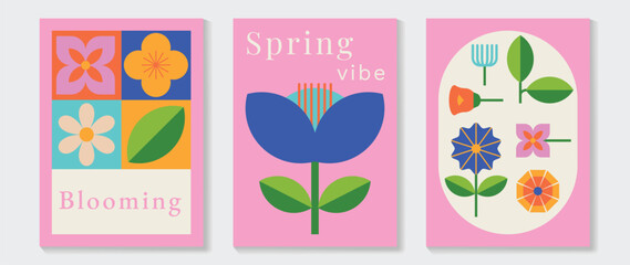 Spring wildflower and daisy flowers vector poster illustration with pink blue cream colors. Modern decorative design for greeting cards, wall art, covers, and seasonal templates. © TWINS DESIGN STUDIO