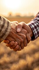 A close-up view of two people exchanging a firm handshake in an outdoor setting. Their weathered hands suggest hard work, set against a blurred agricultural field and blue sky. Daytime