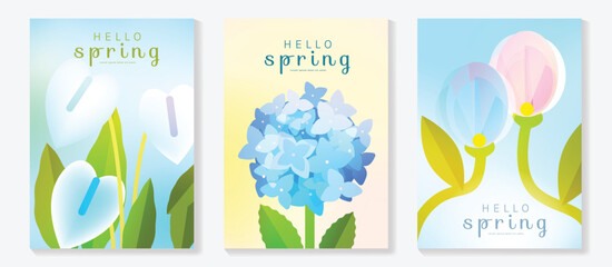 Spring hydrangea and tulip flowers vector poster illustration with skyblue cream green colors. Modern decorative design for greeting cards, wall art, covers, and seasonal templates. © TWINS DESIGN STUDIO