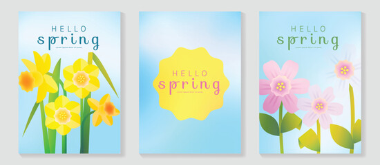 Spring daffodil and cherryblossom flowers vector poster illustration with yellow blue pink colors. Modern decorative design for greeting cards, wall art, covers, and seasonal templates. © TWINS DESIGN STUDIO
