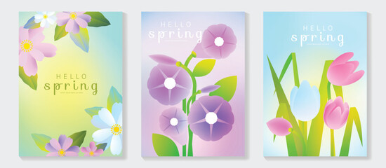 Spring morningglory and tulip flowers vector poster illustration with lavender mint softblue colors. Modern decorative design for greeting cards, wall art, covers, and seasonal templates. © TWINS DESIGN STUDIO