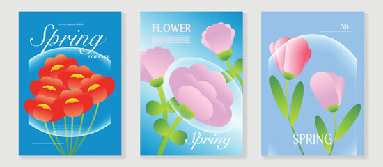 Spring poppy and tulip flowers vector poster illustration with red blue skyblue colors. Modern decorative design for greeting cards, wall art, covers, and seasonal templates. © TWINS DESIGN STUDIO