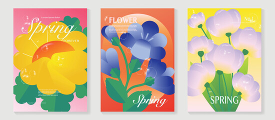 Spring tulip and anemone flowers vector poster illustration with blue orange green colors. Modern decorative design for greeting cards, wall art, covers, and seasonal templates. © TWINS DESIGN STUDIO
