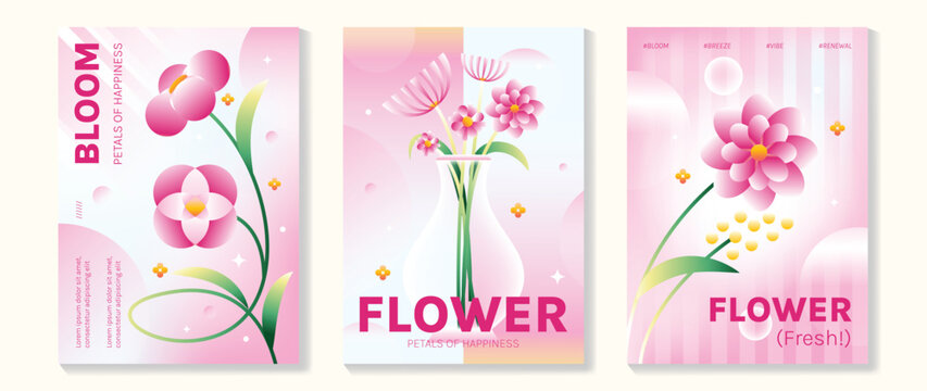 Spring cherryblossom and tulip flowers vector poster illustration with pink white softblue colors. Modern decorative design for greeting cards, wall art, covers, and seasonal templates.