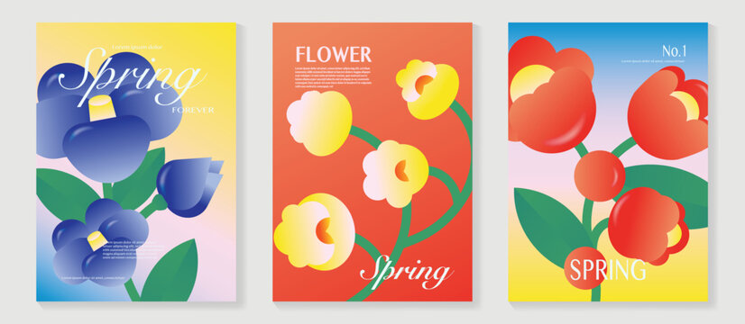 Spring tulip and ranunculus flowers vector poster illustration with orange red yellow colors. Modern decorative design for greeting cards, wall art, covers, and seasonal templates.