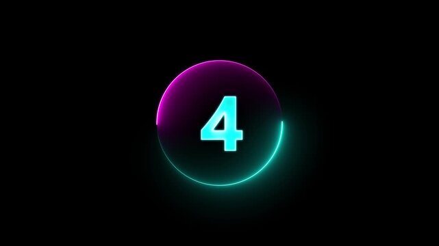 Digital countdown timer neon light style from 0 to 6 seconds on black background. Digital neon LED light game timer animation with seconds technology. Video play countdown timer neon animation.