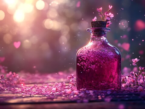 Enchanted elixir of love in a vintage bottle surrounded by cherry blossoms