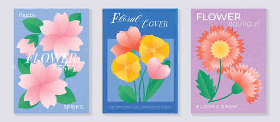 Spring lotus and tulip flowers vector poster illustration with pink blue coral colors. Modern decorative design for greeting cards, wall art, covers, and seasonal templates. © TWINS DESIGN STUDIO