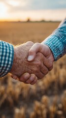 A close-up view of two people exchanging a firm handshake in an outdoor setting. Their weathered hands suggest hard work, set against a blurred agricultural field and blue sky. Daytime