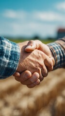 A close-up view of two people exchanging a firm handshake in an outdoor setting. Their weathered hands suggest hard work, set against a blurred agricultural field and blue sky. Daytime