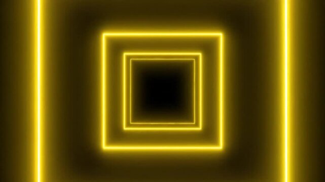 Two glowing yellow neon square frames on black background