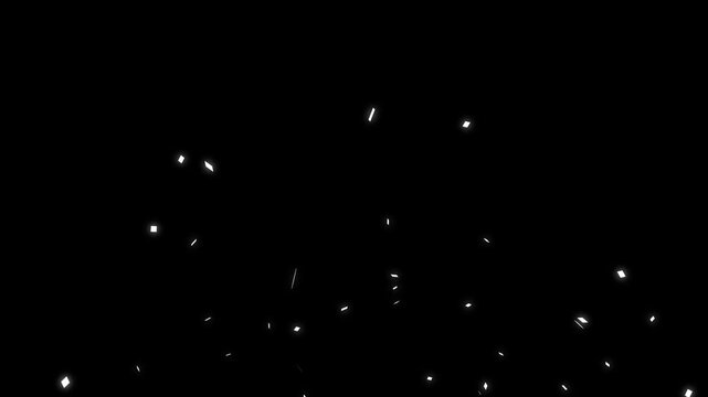 White color confetti crackers pop effect on black screen, 4k 3d party popper explosion with falling glitter rain and alpha channel overlay, celebration and party video editing. 4k