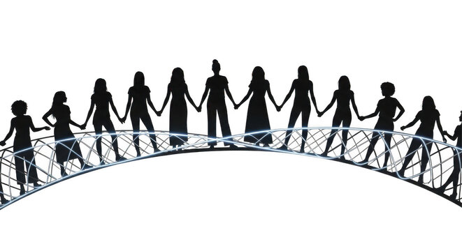 Unity Bridge Silhouettes Holding Hands On Glowing Structure