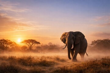 Fototapeta premium A majestic elephant walks through dusty savannah at golden sunrise