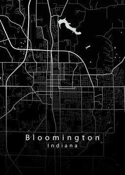 Minimalist black map of Bloomington, Indiana &ndash; A modern map print highlighting infrastructure of the city, useful for tourism purposes
