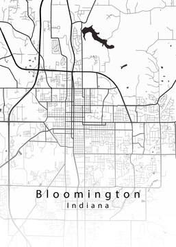 Minimalist white map of Bloomington, Indiana &ndash; A modern map print highlighting infrastructure of the city, useful for tourism purposes
